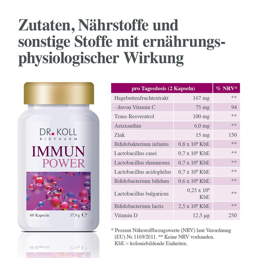 Flasche DR. KOLL IMMUN POWER mit Nährwertangaben und Zutatenliste.