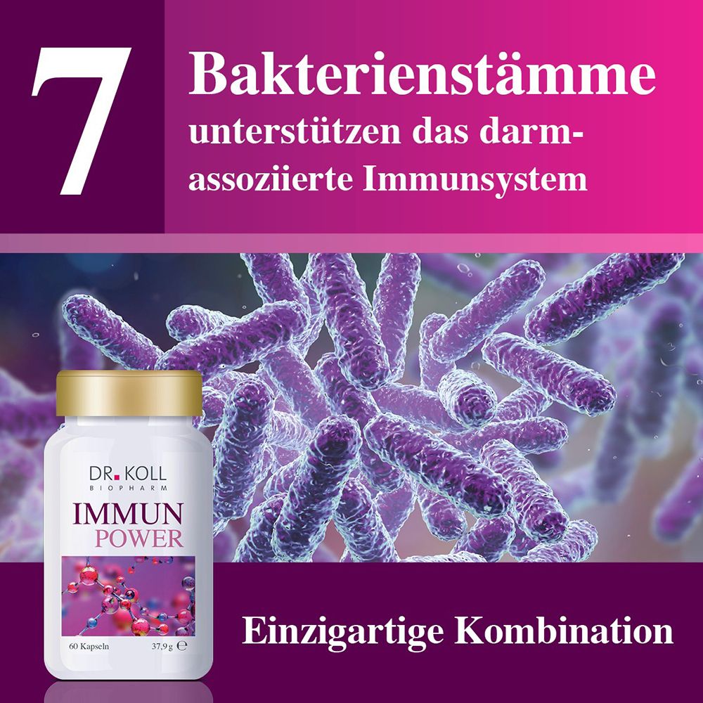 Flasche DR. KOLL IMMUN POWER vor einer Nahaufnahme von Bakterienkulturen.