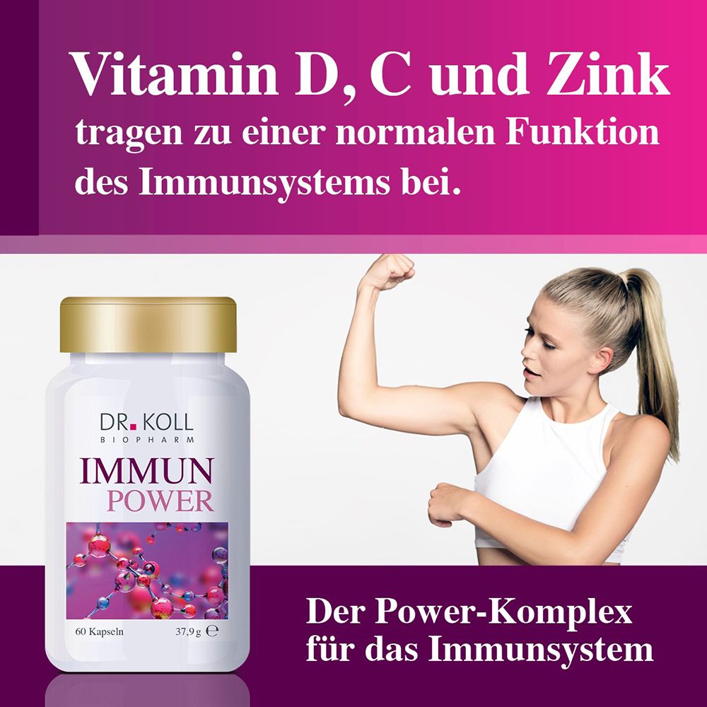 Flasche DR. KOLL IMMUN POWER neben einer Frau, die ihren Bizeps anspannt.