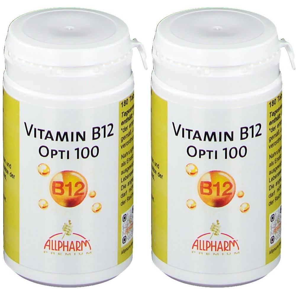 Zwei weiße Flaschen mit gelben Etiketten. Aufschrift: Vitamin B12 Opti 100, B12-Symbol, Allpharm-Logo. Weiße Deckel mit Verschluss.