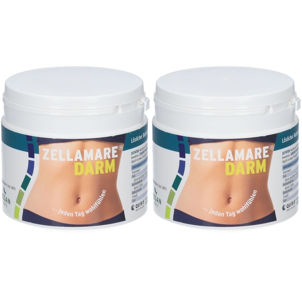 Zwei weiße Dosen mit Deckel. Auf der Dose steht "ZELLAMARE DARM". Unter dem Schriftzug ist ein Bauch abgebildet.