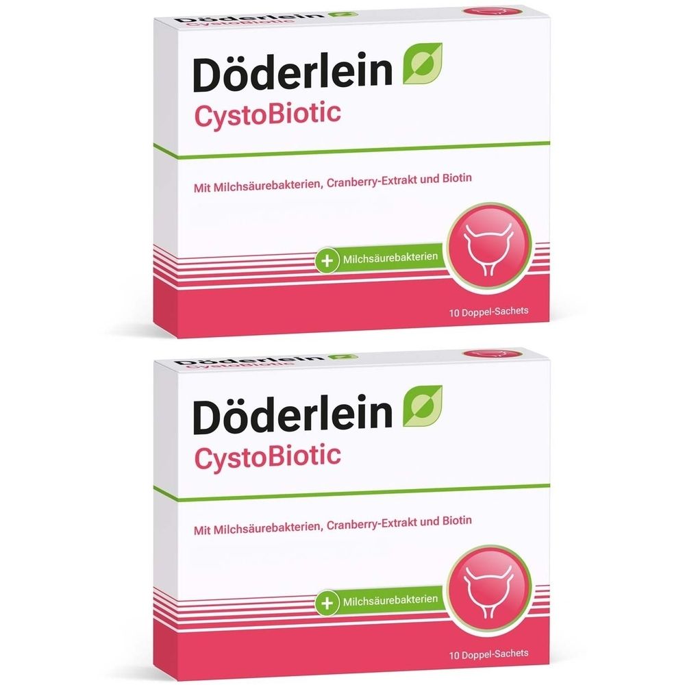 Zwei weiße Kartons mit rosa Akzenten. Aufschrift: Döderlein CystoBiotic. Enthält Milchsäurebakterien, Cranberry-Extrakt und Biotin. 10 Doppel-Sachets.