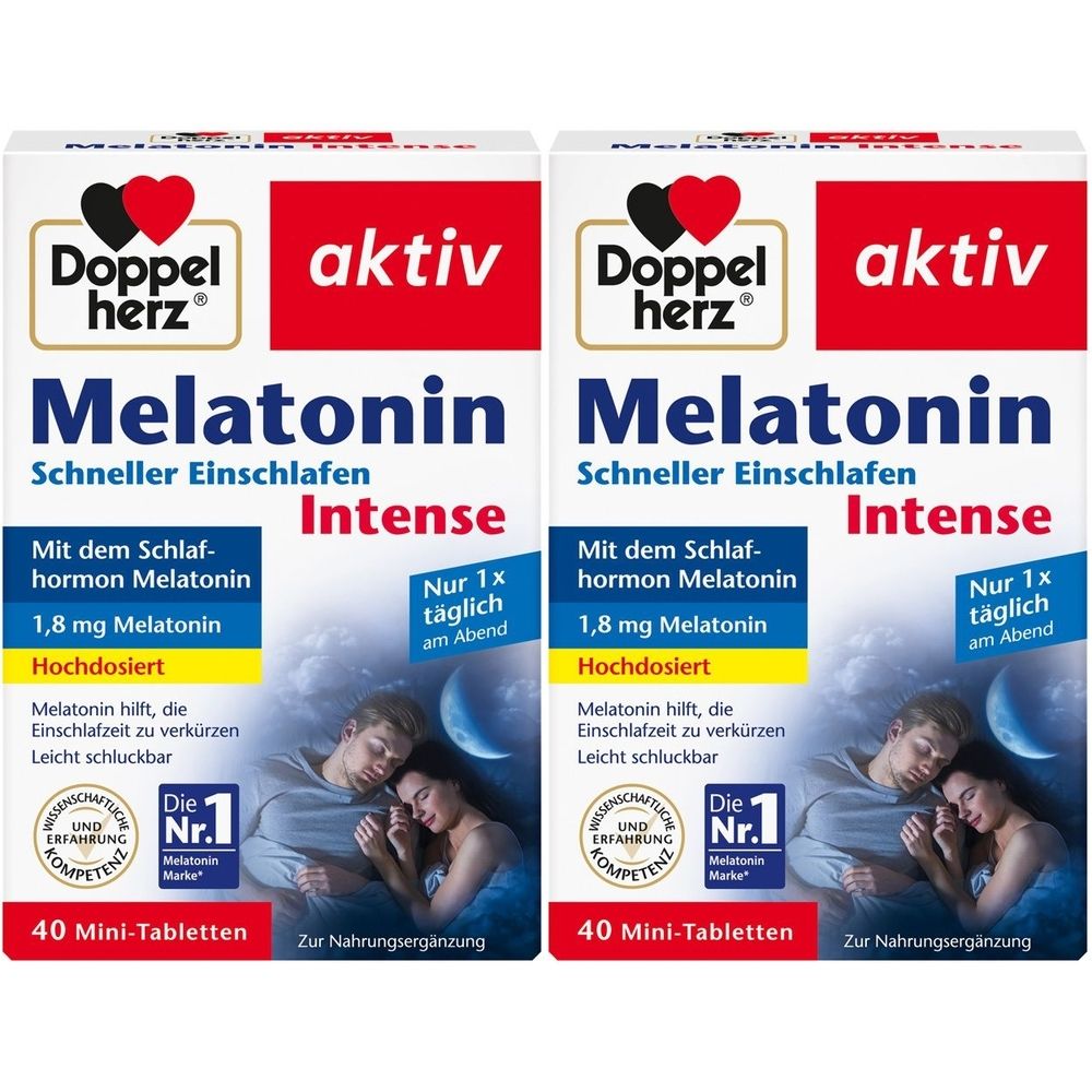 Zwei Packungen Doppelherz aktiv Melatonin Intense. Aufschrift: Schneller Einschlafen. Enthält 40 Mini-Tabletten. Mit Schlafhormon Melatonin.