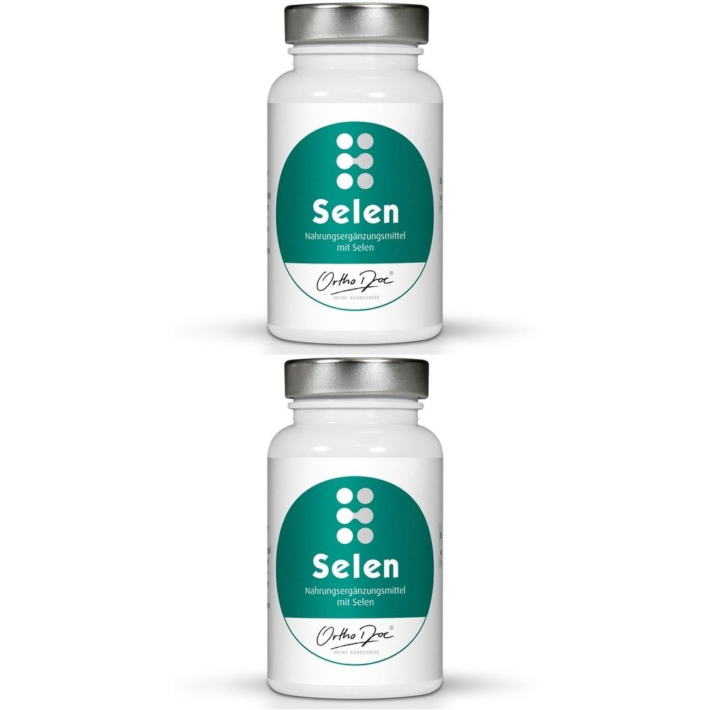 Zwei weiße Flaschen mit silbernen Deckeln. Auf jeder Flasche befindet sich ein grünes Etikett mit der Aufschrift "Selen" und dem Logo "Ortho Doc".