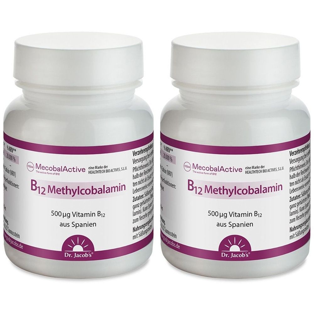 Zwei weiße Flaschen mit lila Etikett. Aufschrift: B12 Methylcobalamin, 500 mcg Vitamin B12, Dr. Jacob's.