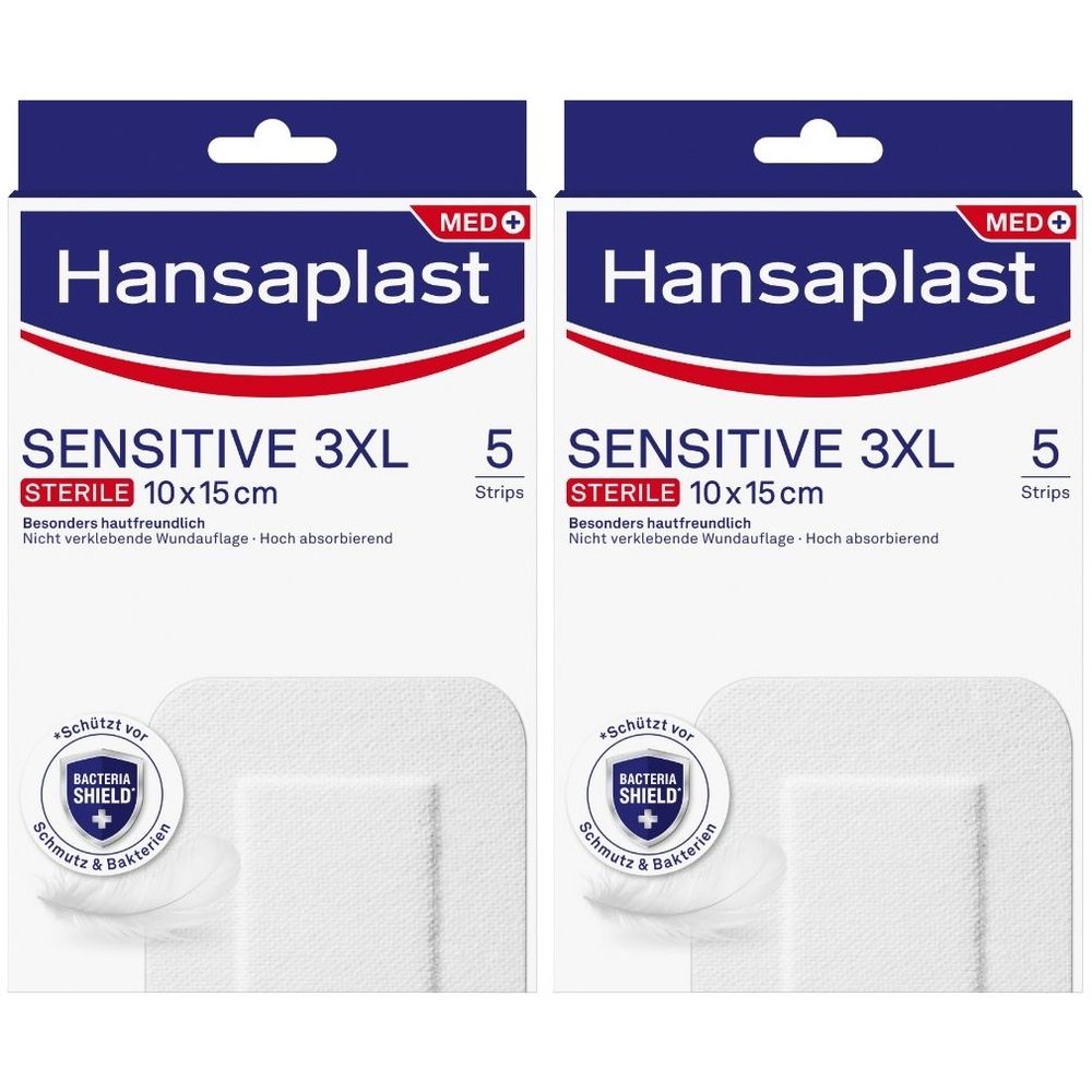 Zwei Packungen Hansaplast Sensitive 3XL Wundpflaster. Jede Packung enthält 5 Pflaster. Größe: 10x15cm. Steril.