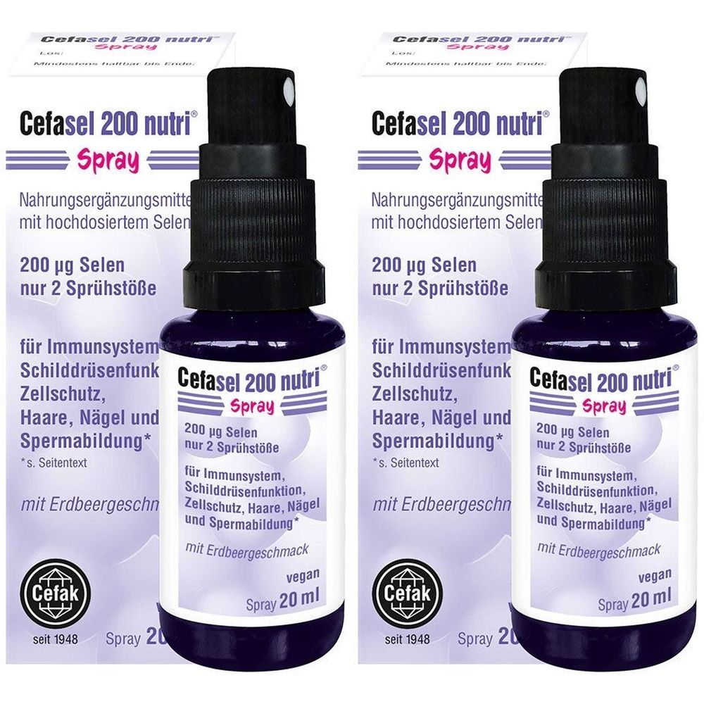 Zwei Flaschen Cefasel 200 nutri Spray, violett, mit schwarzem Sprühkopf. Aufschrift: 200 µg Selen, vegan, 20 ml.