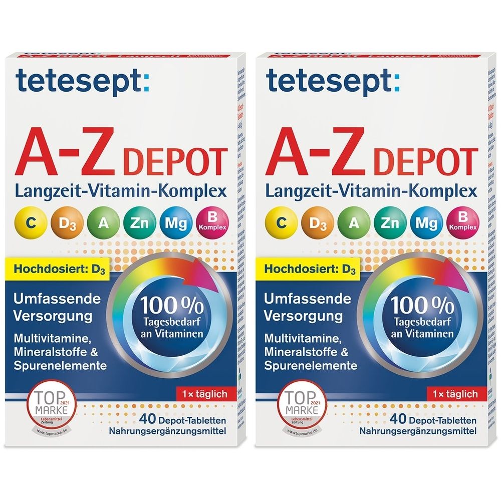 Zwei Packungen tetesept A-Z Depot Langzeit-Vitamin-Komplex. Aufschrift: 100% Tagesbedarf an Vitaminen, 40 Depot-Tabletten.