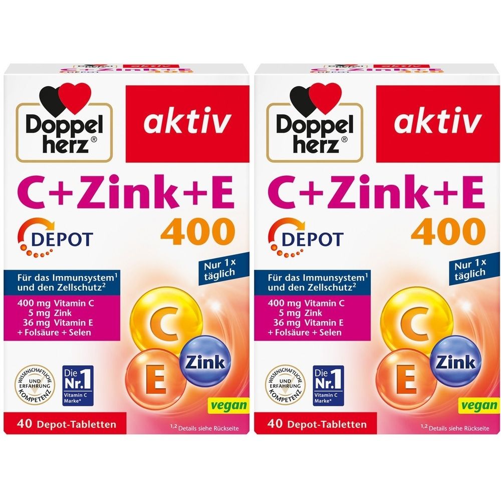 Zwei Packungen Doppelherz aktiv C+Zink+E 400 Depot Tabletten. Aufschrift: C+Zink+E 400, Depot, vegan, 40 Tabletten.
