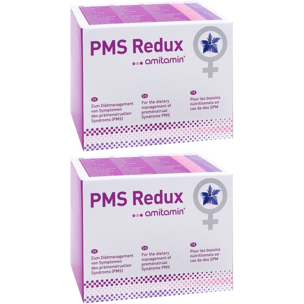 Zwei Schachteln mit der Aufschrift "PMS Redux ...amitamin". Aufschrift in Deutsch, Englisch und Französisch. Logo mit Blüte und Frauensymbol.