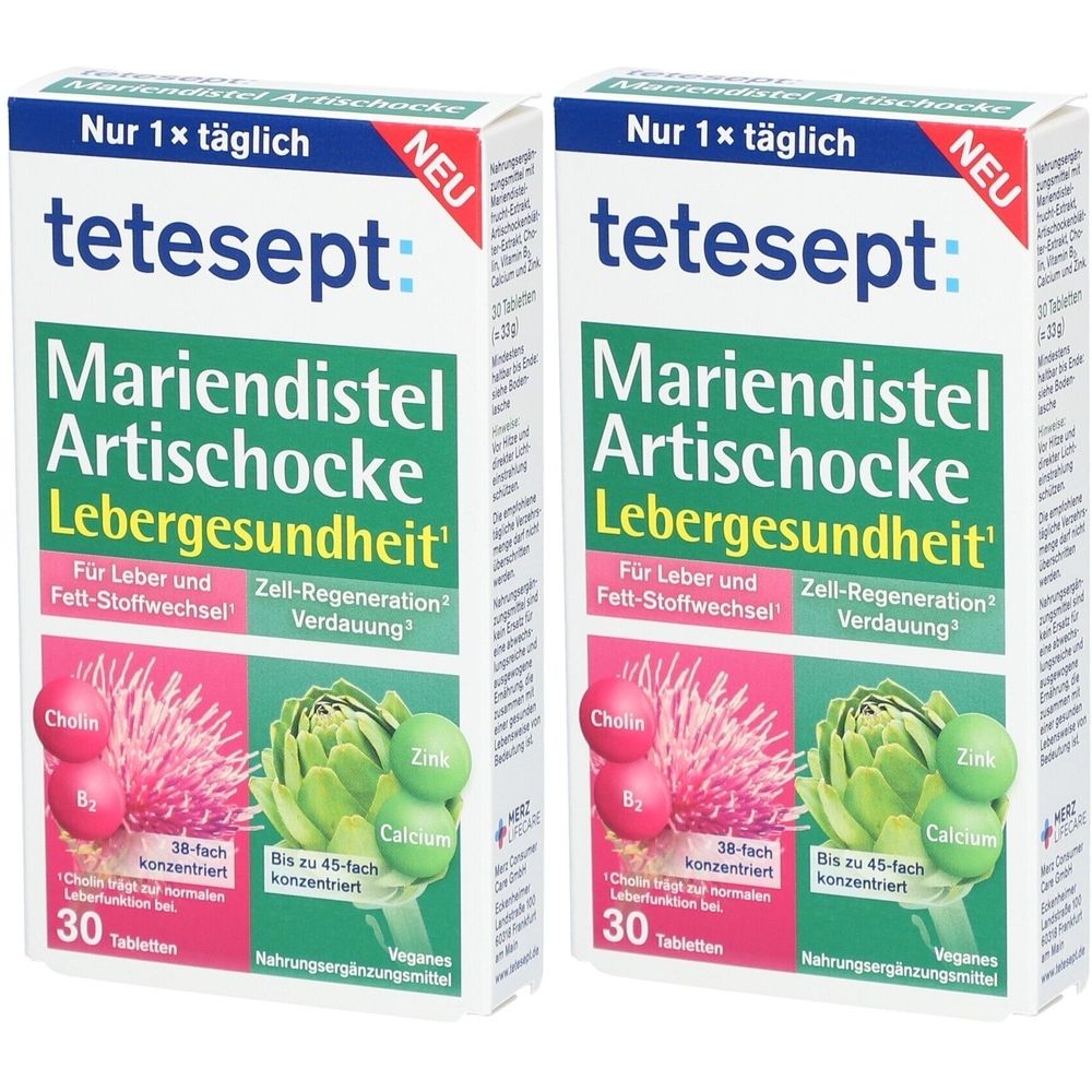 Zwei Packungen tetesept Mariendistel Artischocke Tabletten. Weiße Schachteln mit grüner und pinker Beschriftung. Enthält 30 Tabletten.