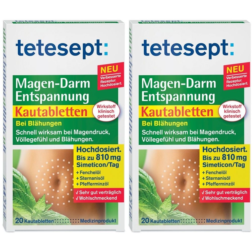 Zwei Packungen tetesept® Magen-Darm-Entspannung Kautabletten. Aufschrift: Bei Blähungen, schnell wirksam. Enthält Simeticon, Fenchelöl, Sternanisöl, Pfefferminzöl.