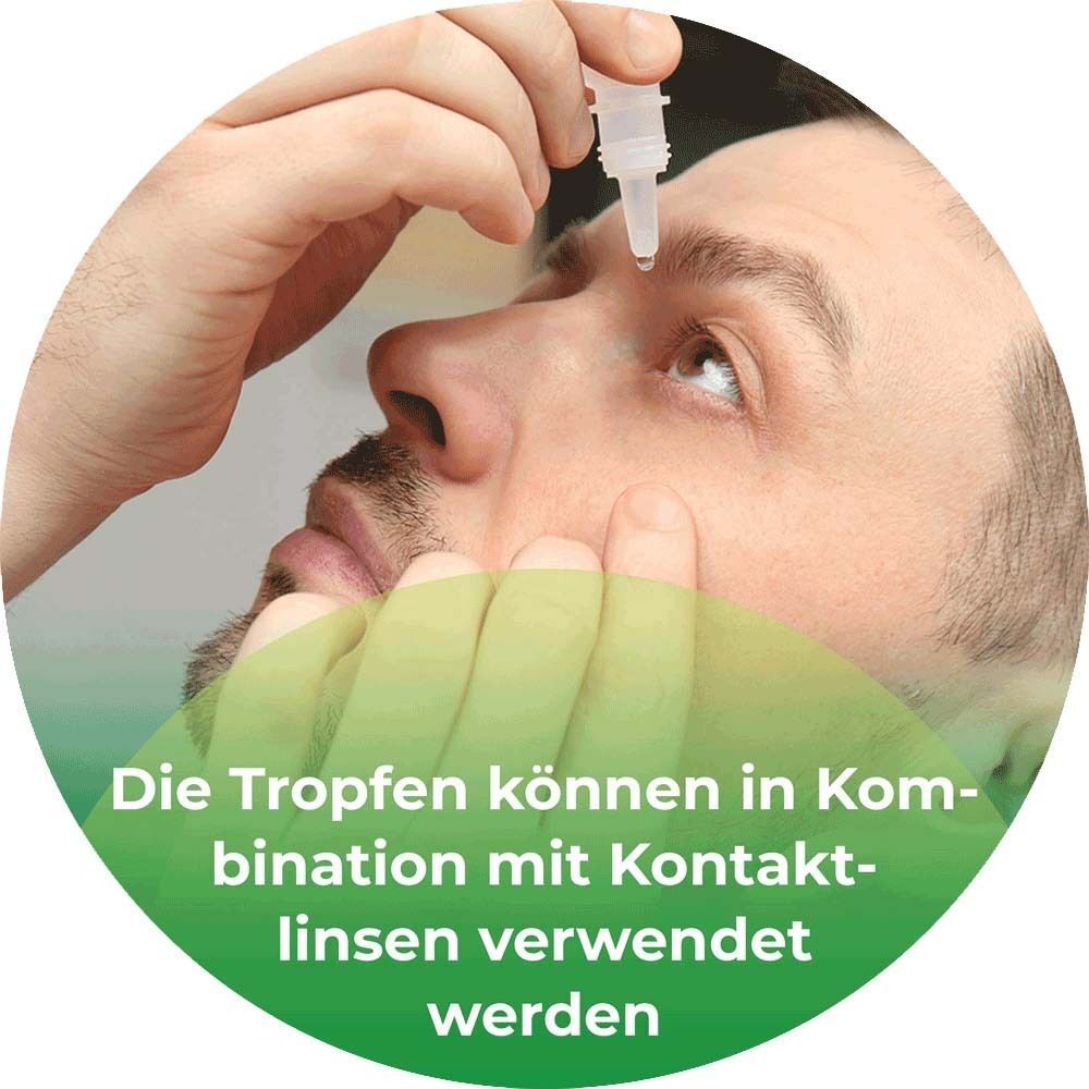 Mann wendet Augentropfen an. Kombinierbar mit Kontaktlinsen.