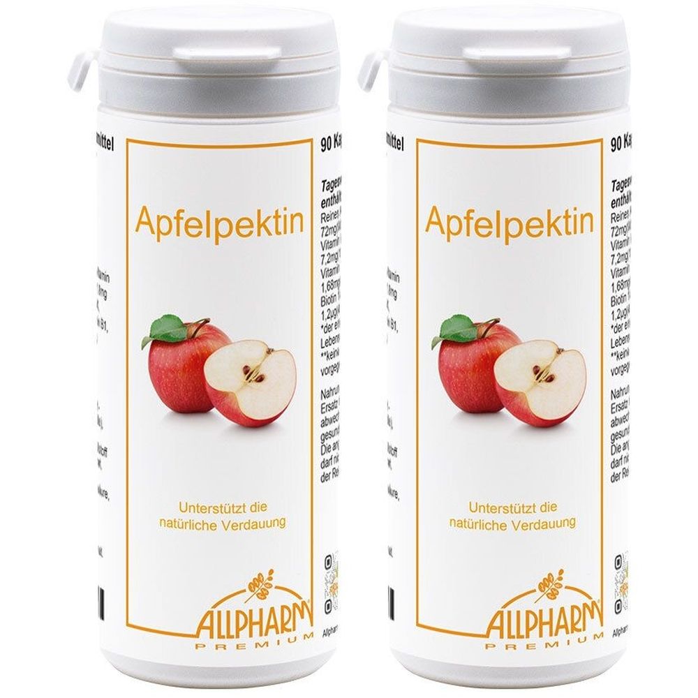 Zwei weiße Flaschen mit Deckel. Aufschrift "Apfelpektin" und Abbildung von Äpfeln. Marke ALLPHARM.