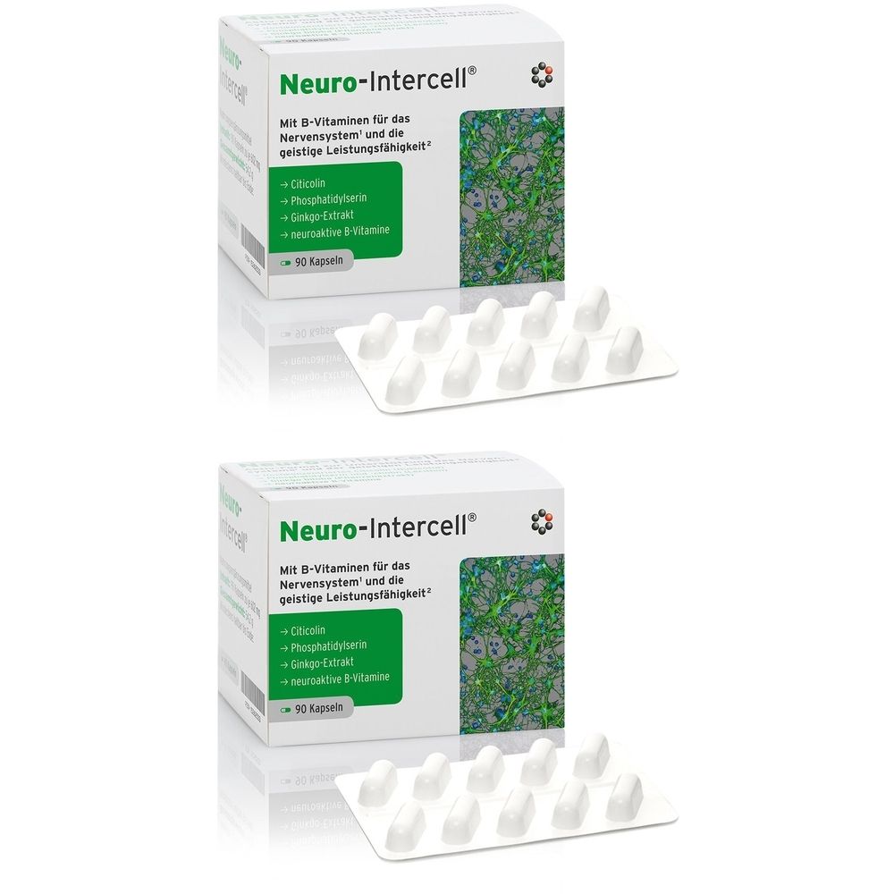 Zwei Schachteln Neuro-Intercell mit Tablettenblistern. Aufschrift: Mit B-Vitaminen für das Nervensystem und die geistige Leistungsfähigkeit.