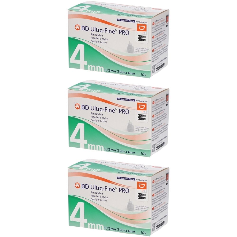 Drei Schachteln mit medizinischen Nadeln. Auf jeder Schachtel steht "BD Ultra-Fine PRO" und "4 mm".