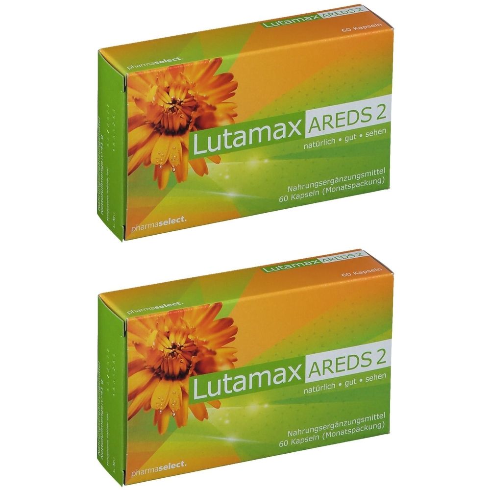 Zwei Schachteln Lutamax AREDS 2. Grün-orangefarbene Verpackung mit Produktnamen und floralem Motiv. 60 Kapseln.