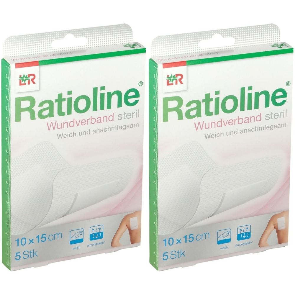 Zwei Packungen Ratioline Wundverband steril. Auf jeder Packung: 10x15cm, 5 Stück. Weich und anschmiegsam. Grün-weiße Verpackung.