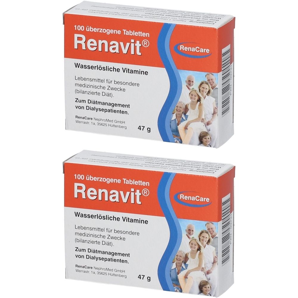 Zwei Schachteln mit "Renavit"-Tabletten. Aufschrift: "100 überzogene Tabletten". Enthält wasserlösliche Vitamine. Für Dialysepatienten.