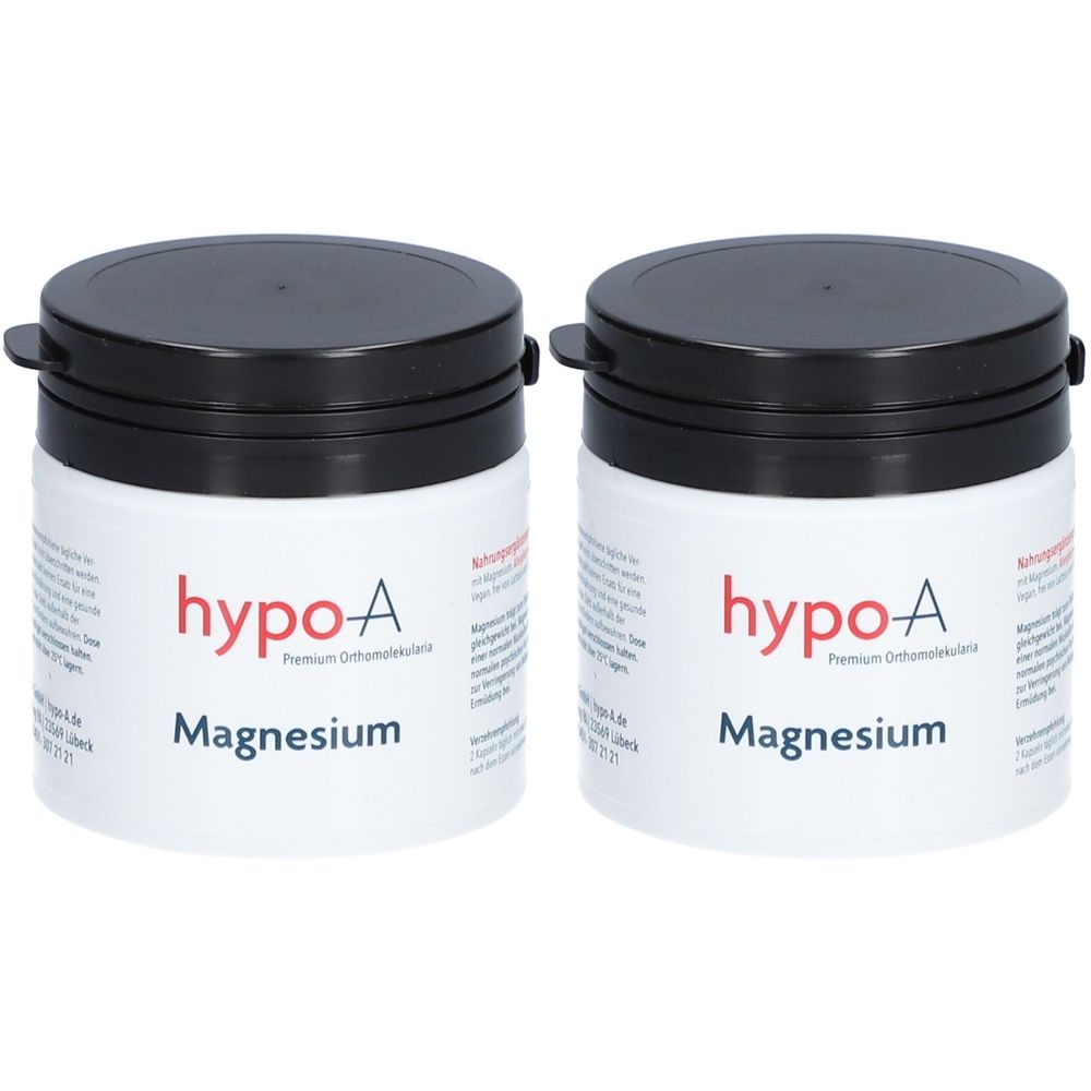Zwei weiße Dosen mit schwarzem Deckel. Aufschrift: hypo-A Magnesium. Premium Orthomolekular. Etikett mit Text.