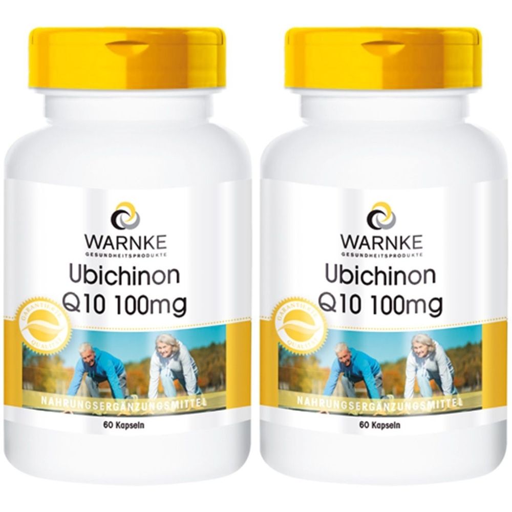 Zwei weiße Flaschen mit gelben Deckeln. Aufschrift: WARNKE Ubichinon Q10 100mg. Aufkleber mit älteren Menschen. 60 Kapseln.