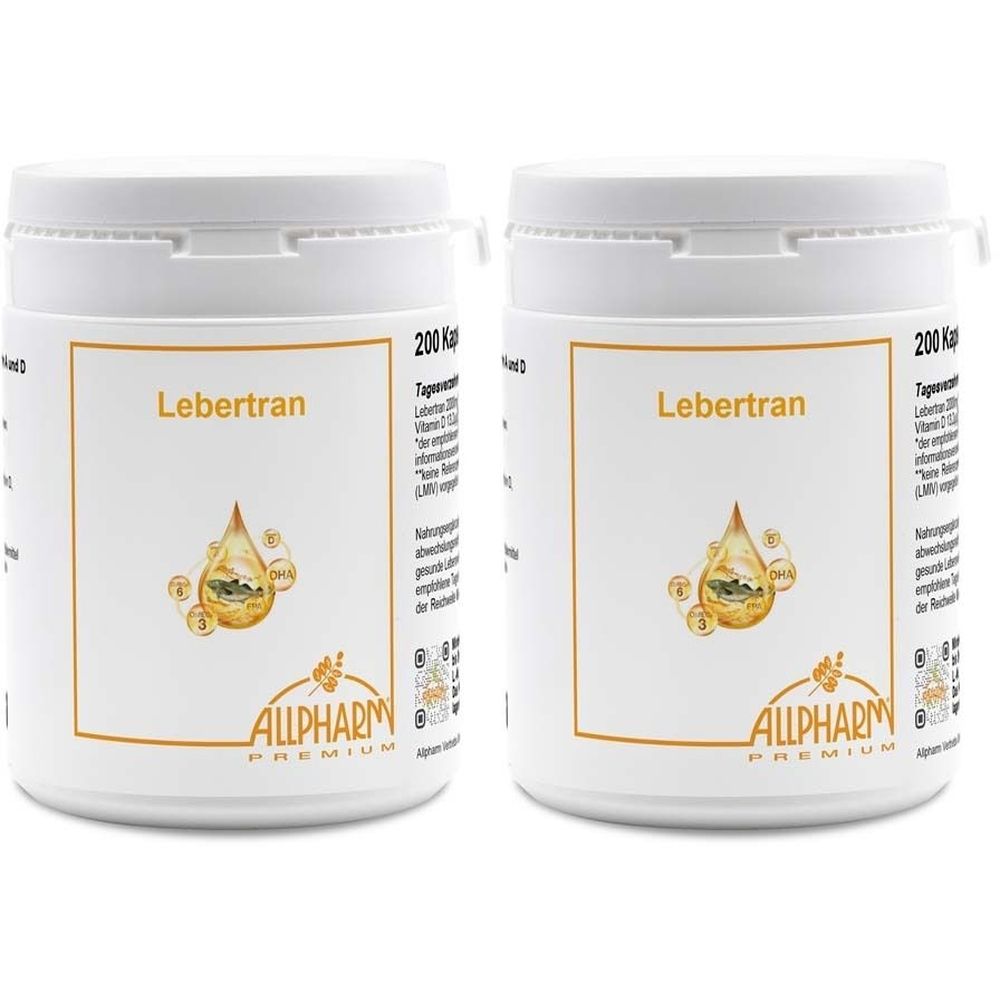 Zwei weiße Dosen mit Deckel. Aufschrift "Lebertran" und "ALLPHARM PREMIUM". Abbildung eines Tropfens mit Fischöl.