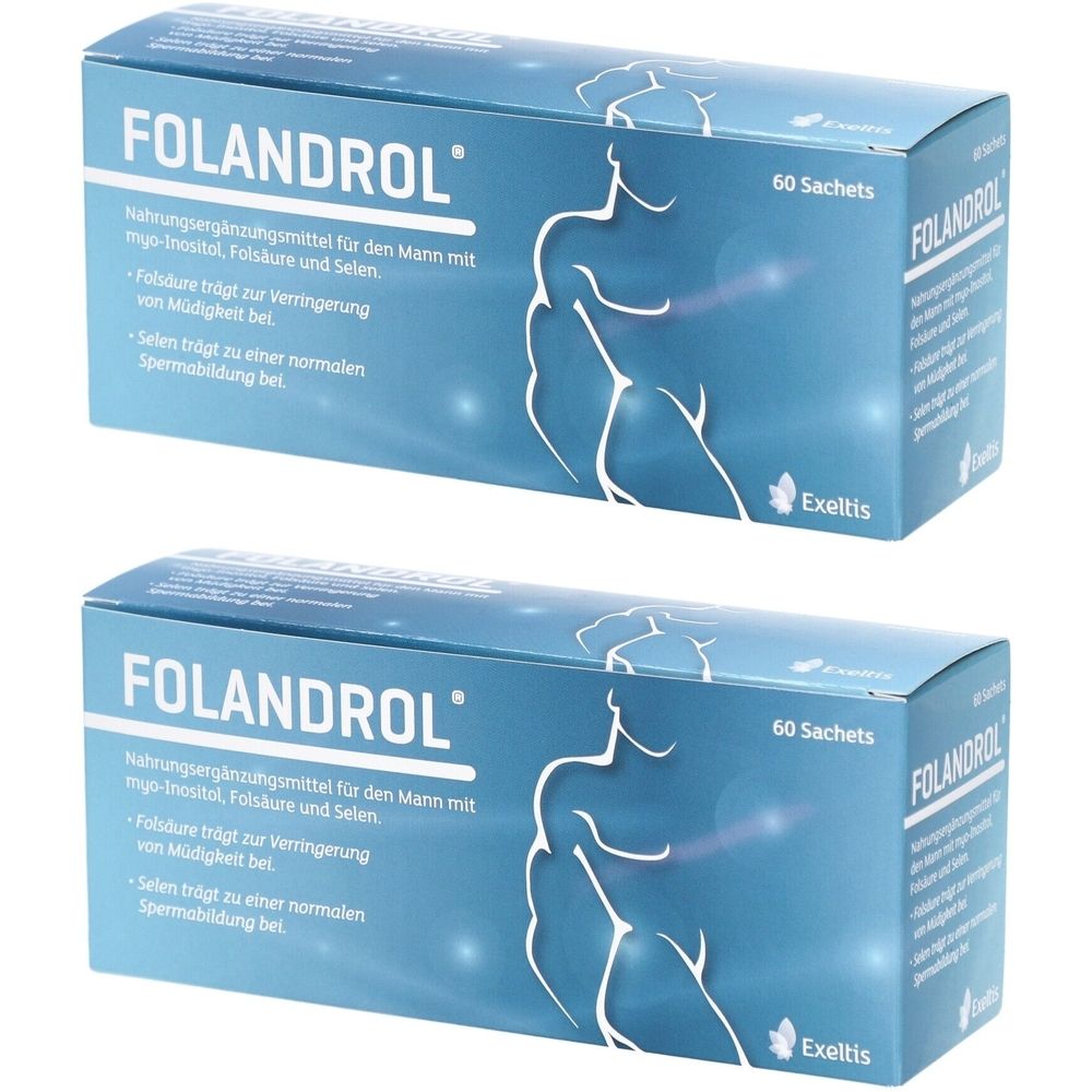 Zwei Schachteln Folandrol. Blaue Verpackung mit Produktnamen und Abbildung eines Mannes. Enthält 60 Sachets. Hersteller: Exeltis.