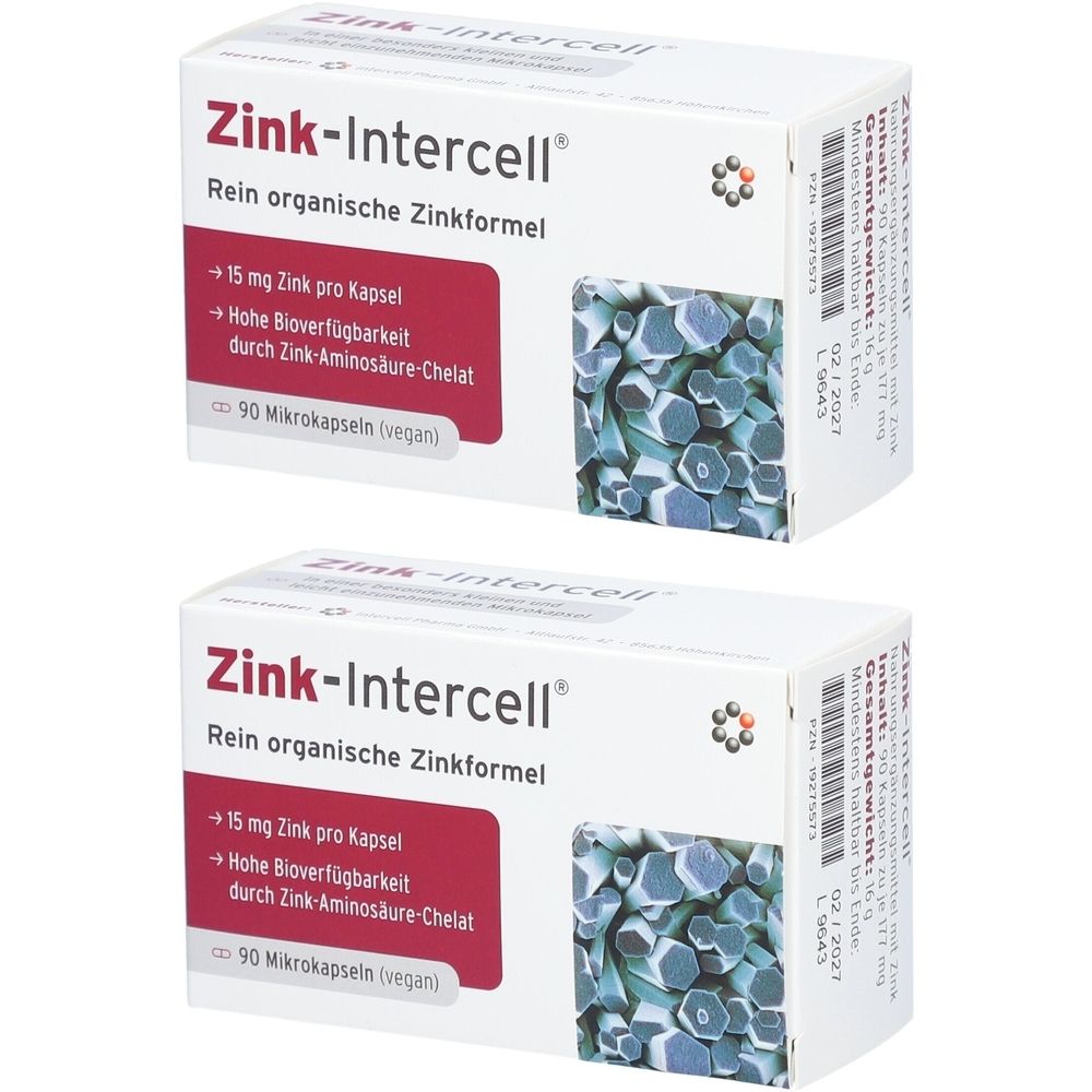 Zwei weiße Schachteln mit Produktinformationen. Aufschrift: Zink-Intercell, 90 Mikrokapseln. Rote Schrift: +15 mg Zink pro Kapsel.