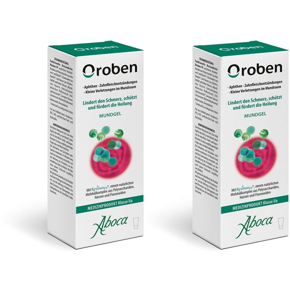 Zwei weiße Kartons mit grüner und roter Grafik. Aufschrift: Oroben Mundgel. Aboca-Logo unten.