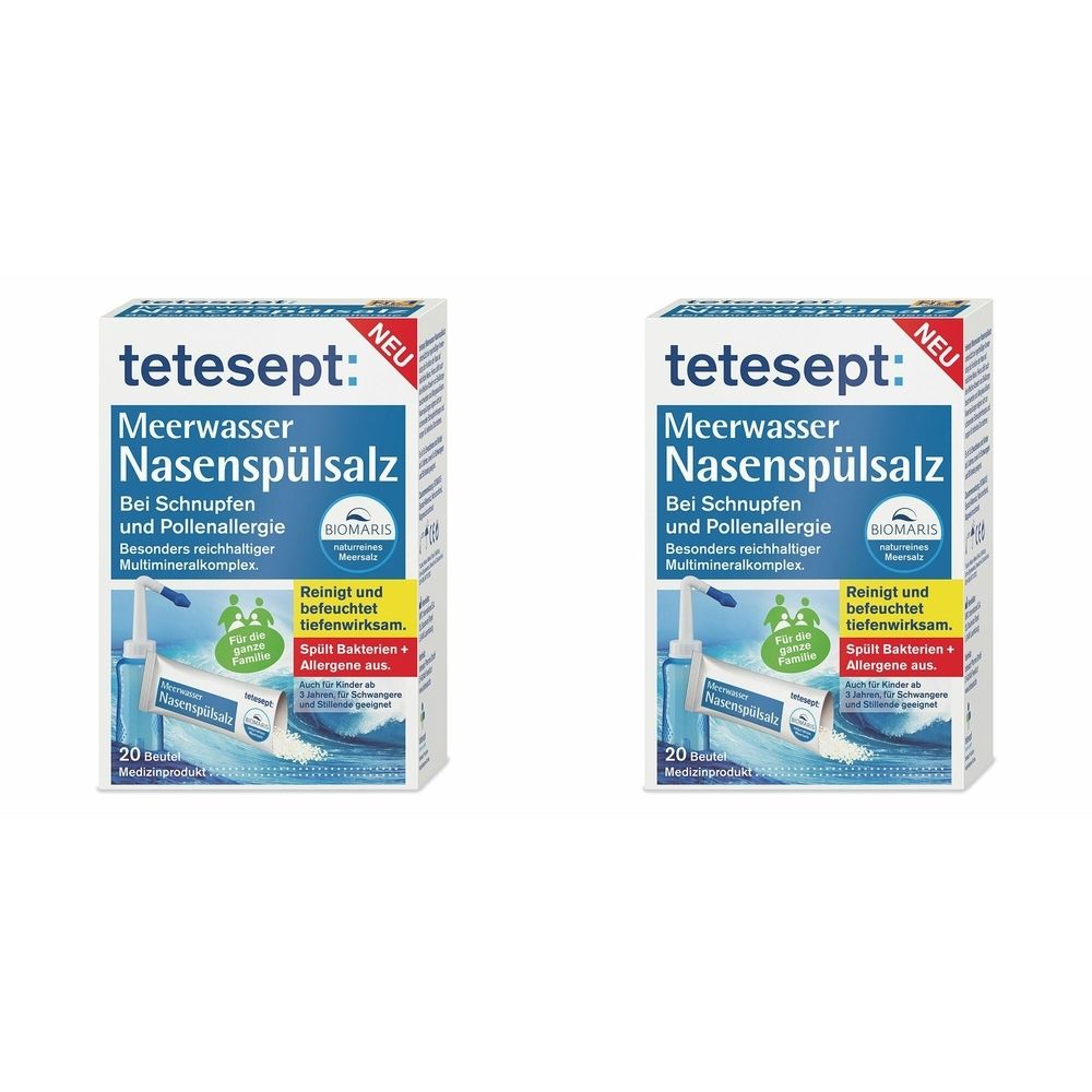 Zwei Kartons tetesept Meerwasser Nasenspülsalz. Weiße Verpackung mit blauer Schrift und Abbildung einer Nasendusche. Aufschrift: Bei Schnupfen und Pollenallergie.