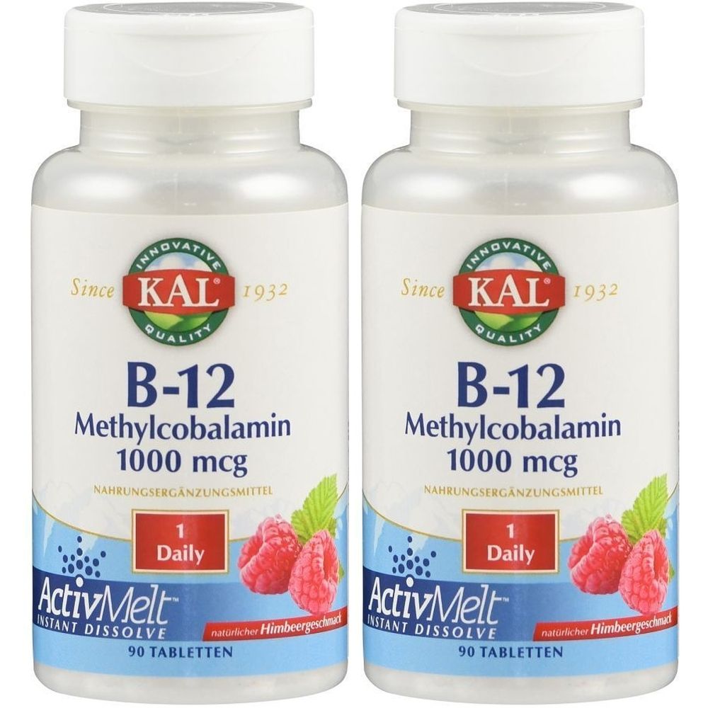 Zwei Flaschen B-12 Methylcobalamin. Weiße Flaschen mit weißen Deckeln. Aufschrift: KAL, B-12, 1000 mcg, ActivMelt, 90 Tabletten. Himbeergeschmack.