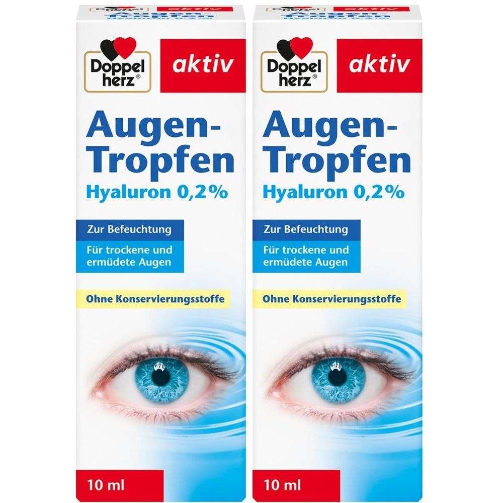 Zwei Packungen Augentropfen. Aufschrift: Doppelherz, aktiv, Augen-Tropfen Hyaluron 0,2%. Für trockene und müde Augen.