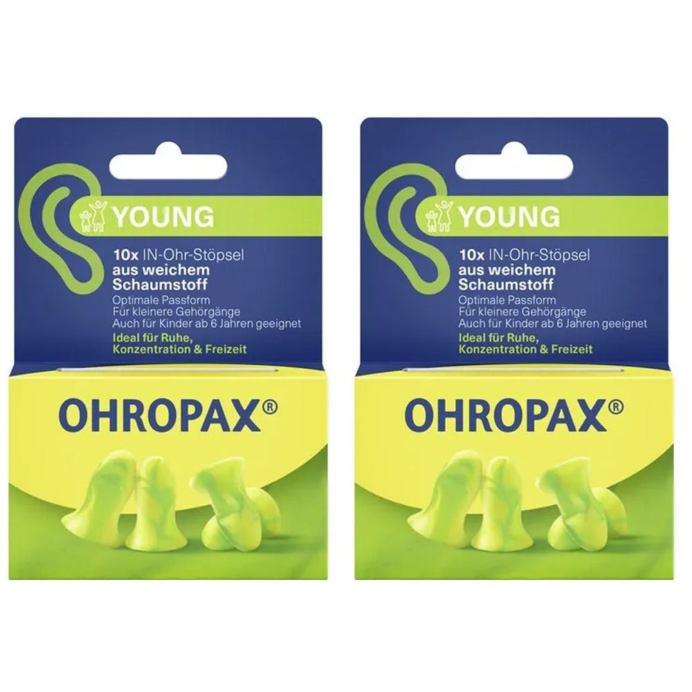 Zwei Packungen OHROPAX® Young In-Ohr-Stöpsel. Jede Packung enthält 10 Schaumstoff-Ohrstöpsel in Grün. Text: Young, OHROPAX®.