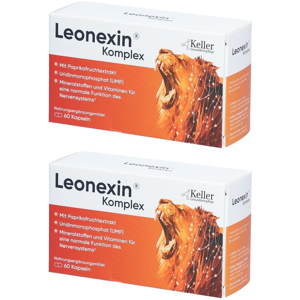 Zwei Schachteln Leonexin Komplex. Weiße Verpackung mit orangefarbenem Feld und Löwen-Illustration. Enthält 60 Kapseln. Marke Keller.