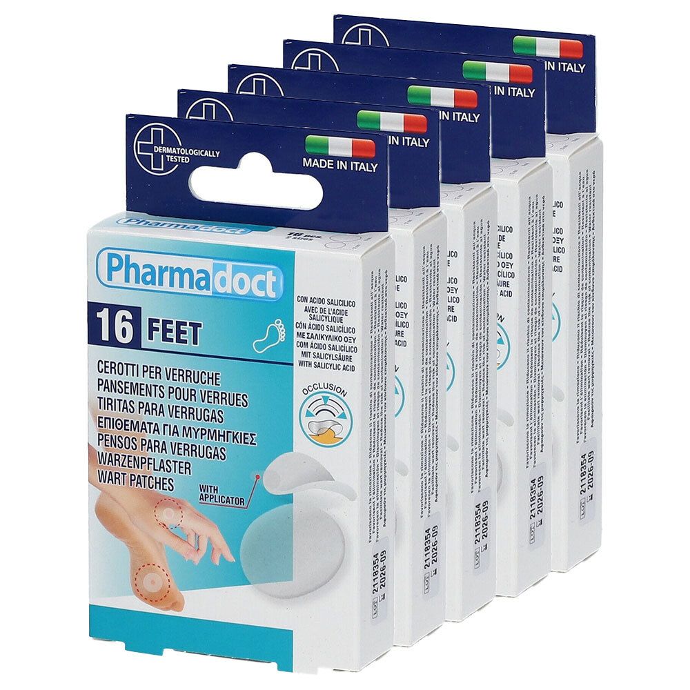 Mehrere Packungen Warzenpflaster. Aufdruck: Pharma doct, 16 FEET, dermatologisch getestet. Hergestellt in Italien. Mit Applikator.
