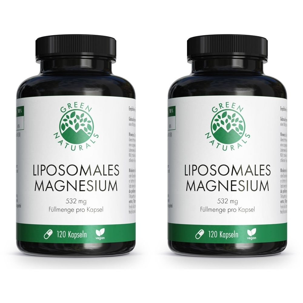 Zwei grüne Flaschen mit schwarzem Deckel. Aufschrift: LIPOSOMALES MAGNESIUM, 532 mg, 120 Kapseln. Logo: GREEN NATURALS.