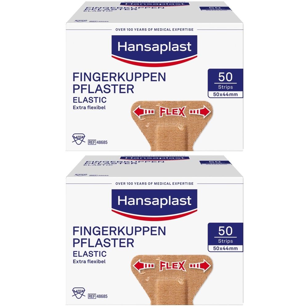 Zwei Packungen Fingerkuppenpflaster. Marke Hansaplast. Weiße Verpackung mit Produktbezeichnung und 50 Pflastern (50x44mm).