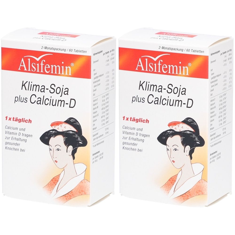 Zwei weiße Kartons mit Alsifemin Klima-Soja plus Calcium-D. Aufdruck: 2-Monatspackung, 60 Tabletten. Abbildung einer Frau.