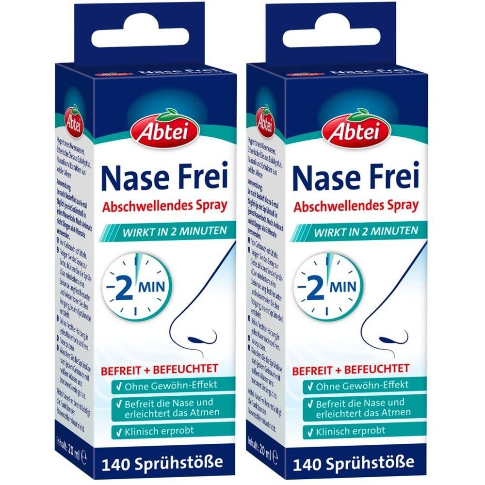 Zwei Packungen Abtei Nase Frei Abschwellendes Spray. Weiße Schachteln mit blauen Akzenten. Text: Nase Frei, wirkt in 2 Minuten, 140 Sprühstöße.