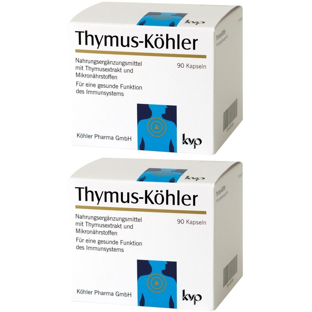 Zwei weiße Schachteln mit der Aufschrift Thymus-Köhler. Enthält 90 Kapseln. Text: Nahrungsergänzungsmittel mit Thymusextrakt und Mikronährstoffen.