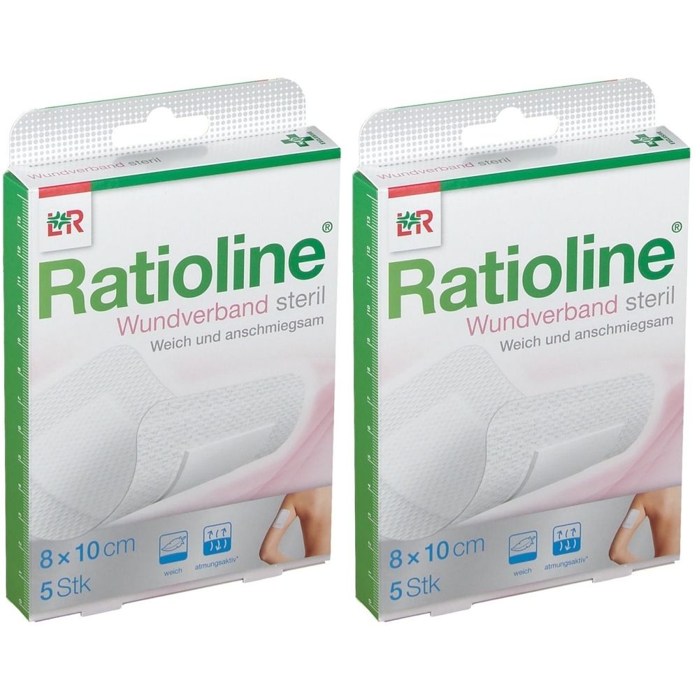 Zwei Schachteln Ratioline Wundverband. Aufdruck: 8x10 cm, steril, 5 Stück. Weich und anschmiegsam. Grün-weiße Verpackung mit Produktabbildung.