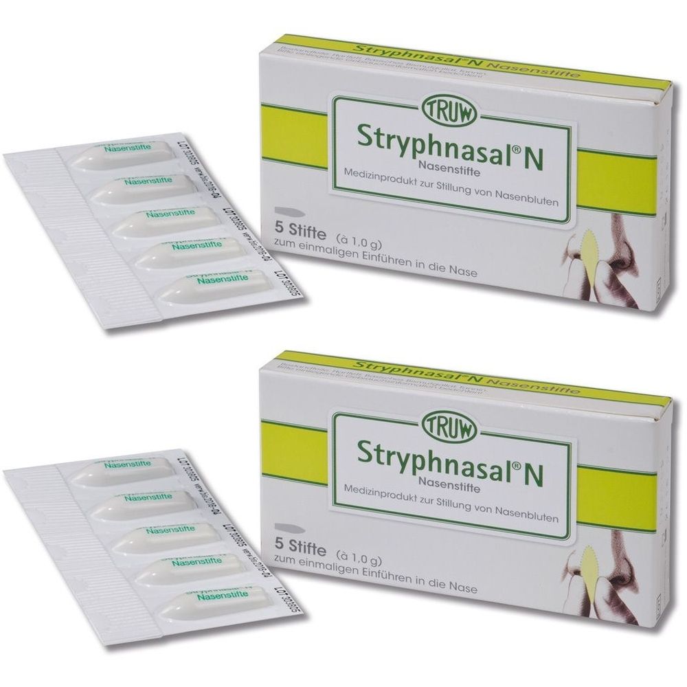 Zwei Schachteln mit Nasenstiften und zwei Blistern. Aufschrift: Stryphnasal N, 5 Stifte. Weiße Stifte in Blisterverpackung.
