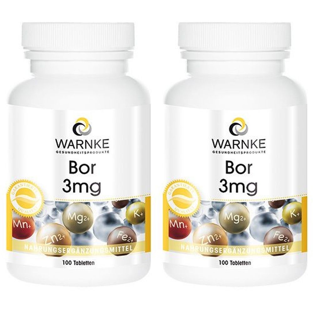 Zwei weiße Flaschen mit dem Aufdruck "WARNKE Bor 3mg". Auf den Flaschen sind Mineralien abgebildet. Aufschrift: Nahrungsergänzungsmittel, 100 Tabletten.