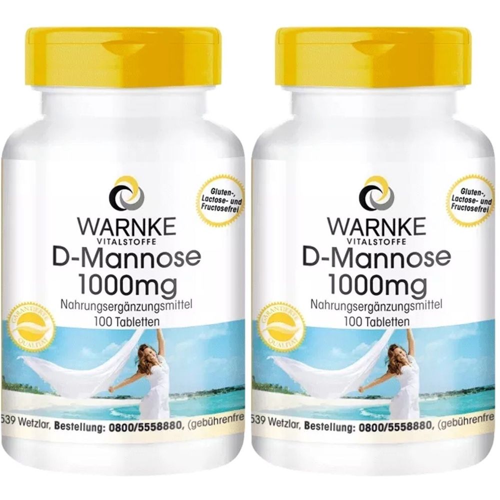 Zwei weiße Flaschen mit gelben Deckeln. Aufschrift: WARNKE, D-Mannose 1000mg, Nahrungsergänzungsmittel, 100 Tabletten. Gluten-, Lactose- und Fructosefrei.