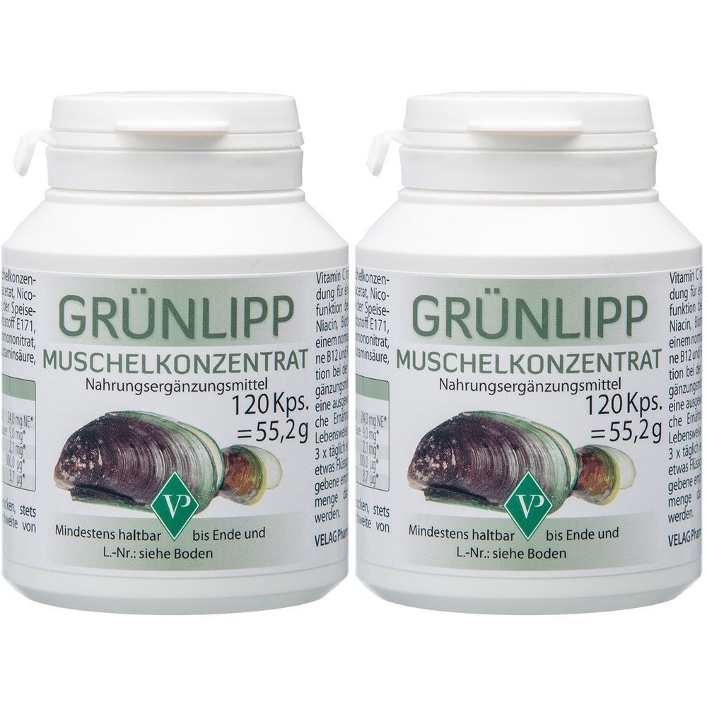 Zwei weiße Flaschen mit Etiketten. Aufschrift: GRÜNLIPP MUSCHELKONZENTRAT. Nahrungsergänzungsmittel. 120 Kps. Abbildung einer Muschel.