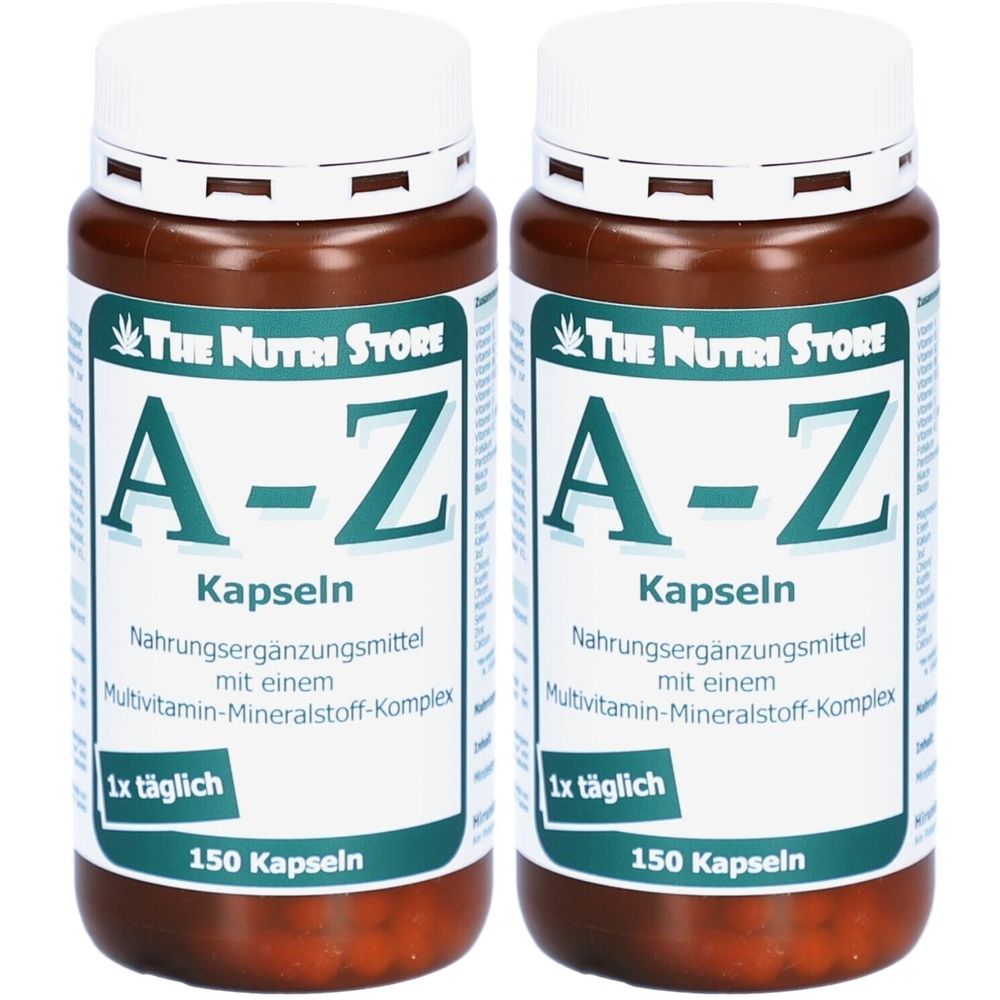 Zwei braune Flaschen mit weißen Deckeln. Aufschrift: A-Z Kapseln, Nahrungsergänzungsmittel. 150 Kapseln. Marke: The Nutri Store.