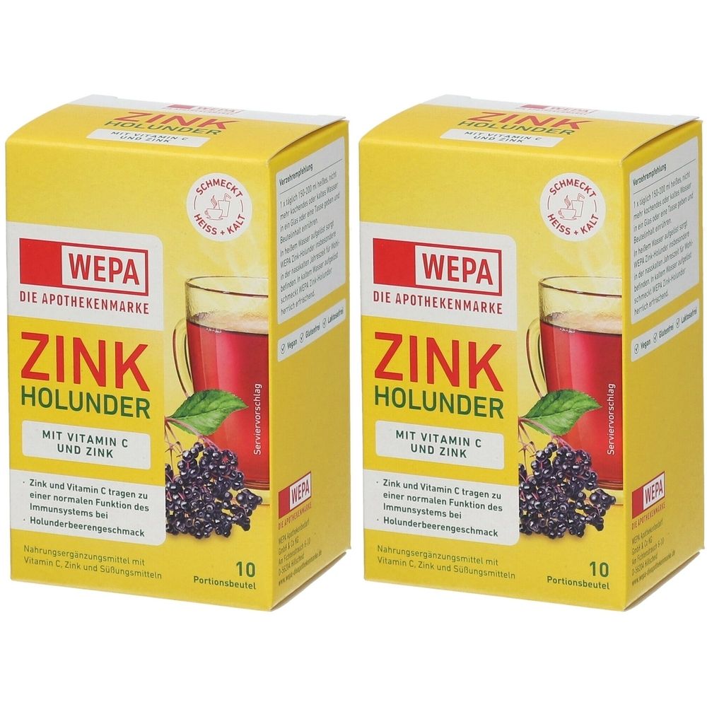 Zwei gelbe Kartons mit "Zink Holunder"-Aufdruck. Logo "WEPA". Abbildung eines Getränks und Holunderbeeren. 10 Portionen.