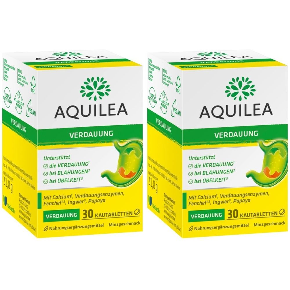 Zwei Schachteln AQUILEA Verdauung. Weiße Schachteln mit grünen und gelben Akzenten. Aufschrift: Verdauung, 30 Kautabletten. Enthält Calcium, Enzyme, Fenchel, Ingwer, Papaya.