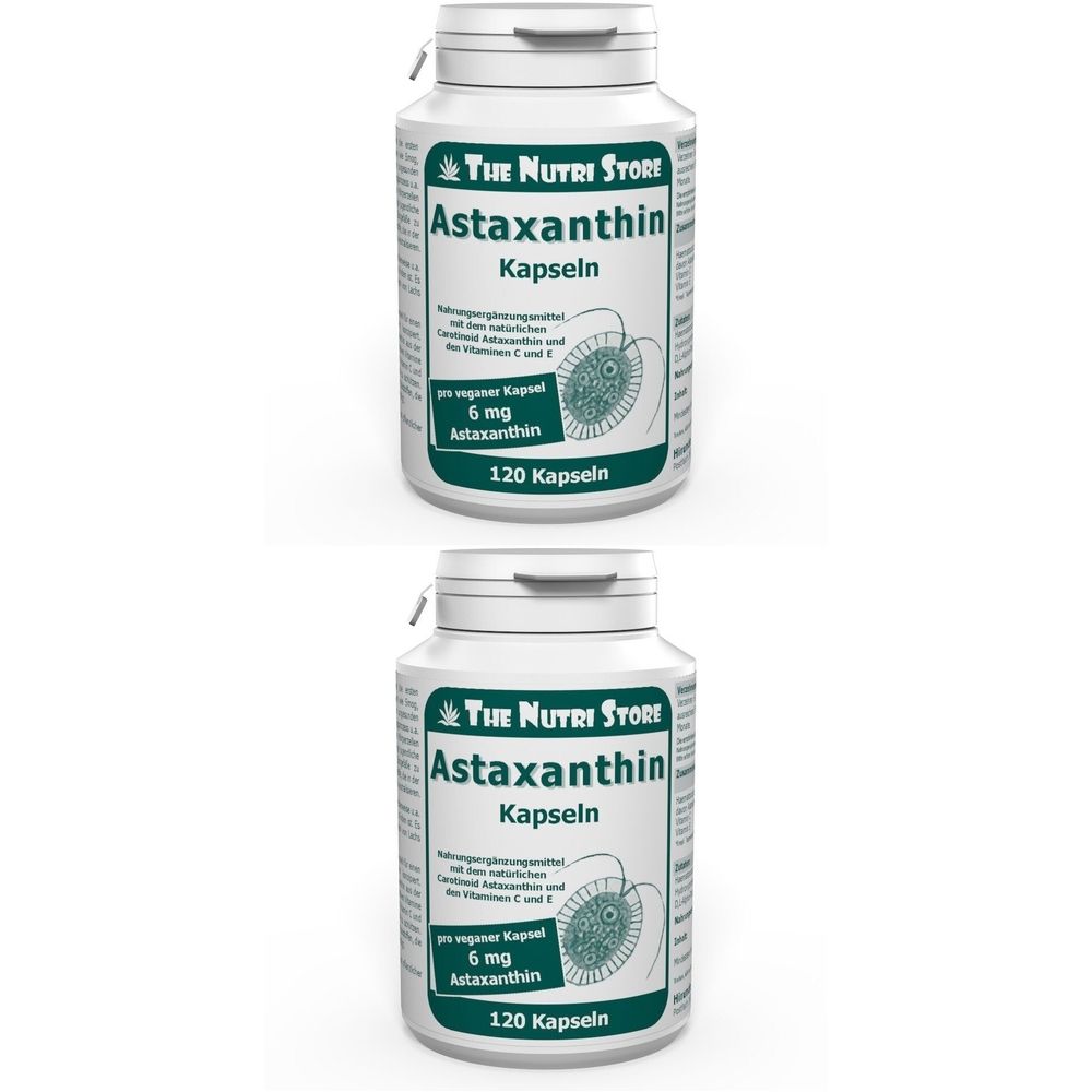 Zwei weiße Flaschen mit Astaxanthin-Kapseln. Aufschrift: The Nutri Store, Astaxanthin, 6 mg, 120 Kapseln.