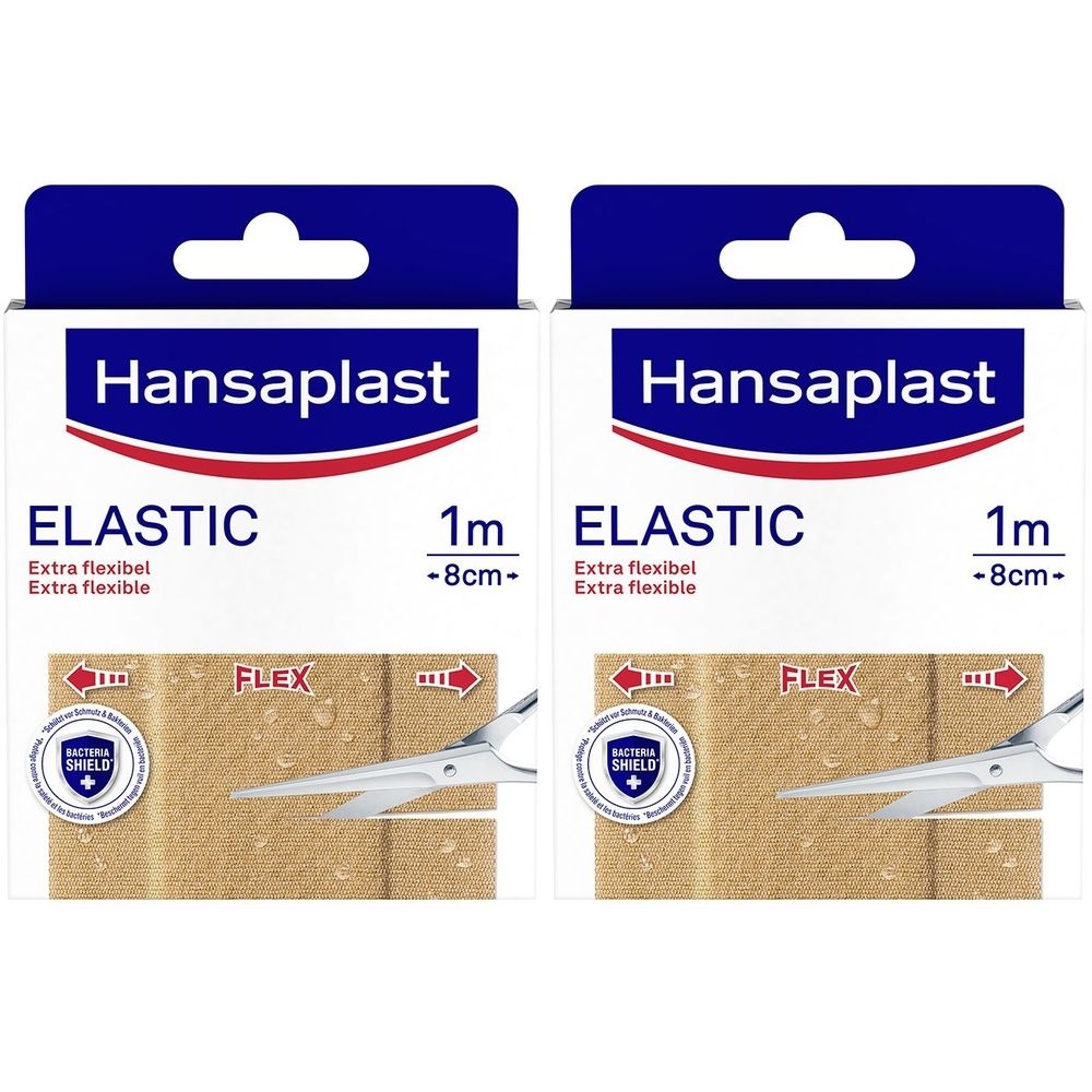 Zwei Packungen Hansaplast Elastic Pflaster. Blaue Verpackung mit weißem Schriftzug. Aufschrift: ELASTIC, 1m, -8cm-, Extra flexibel.